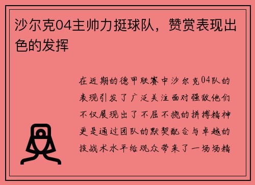 沙尔克04主帅力挺球队，赞赏表现出色的发挥