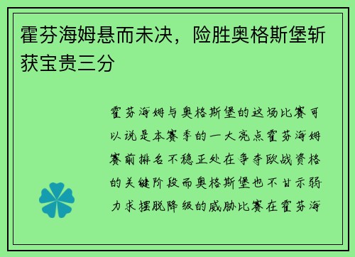 霍芬海姆悬而未决，险胜奥格斯堡斩获宝贵三分