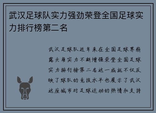 武汉足球队实力强劲荣登全国足球实力排行榜第二名